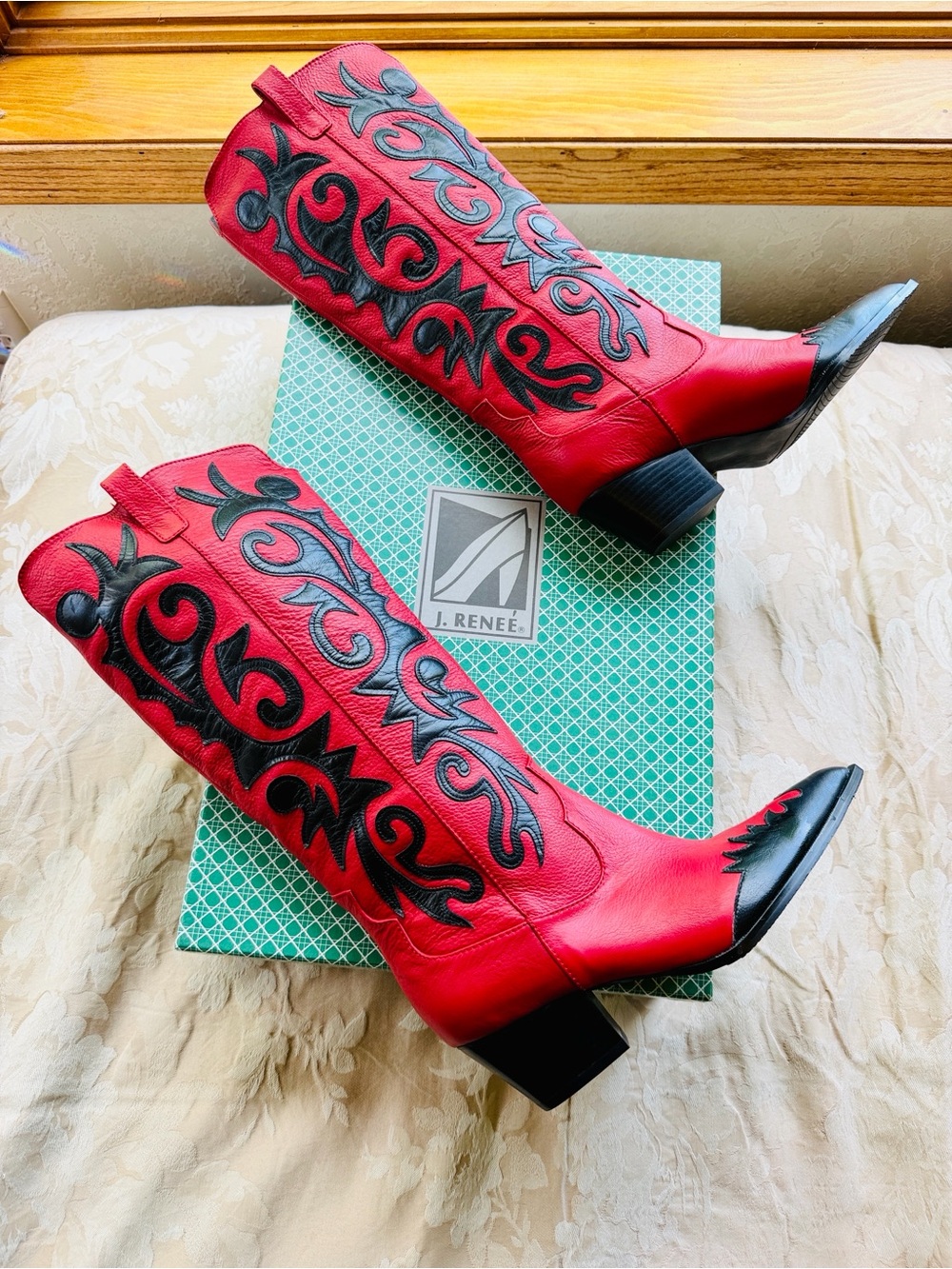 Vintage J. Renee ROGERS Red Black Leather Cowboy Boots 7.5W NIB Flame Y2K - Picture 13 of 14